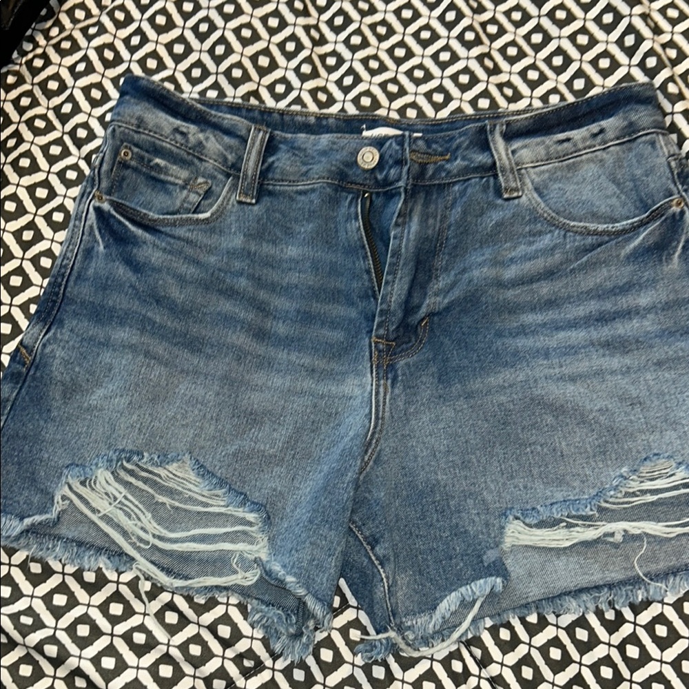 Kensie Blue Distressed Jean Shorts with Cut-Off Hem